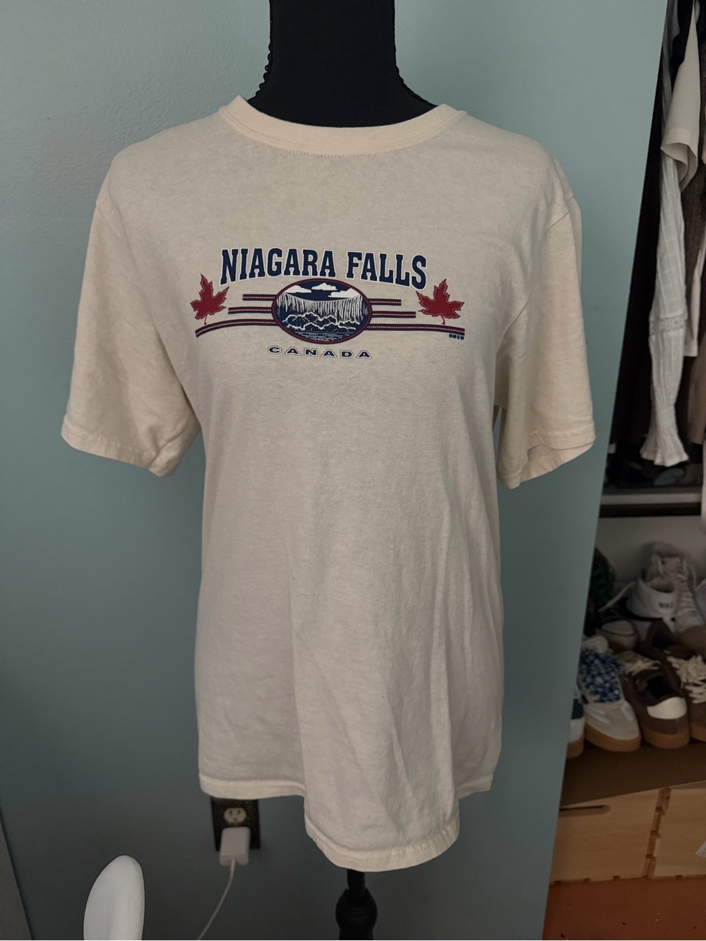 Niagara Falls Canada Graphic Tee - Cream with Red & Navy Print